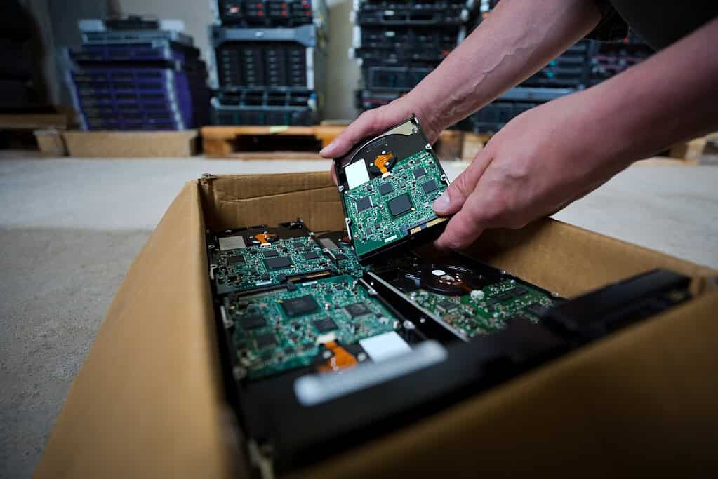 E-waste concept and management reuse recycle and recovery. Old computer parts in warehouse are ready for recycling. Male hands holding hard drive.