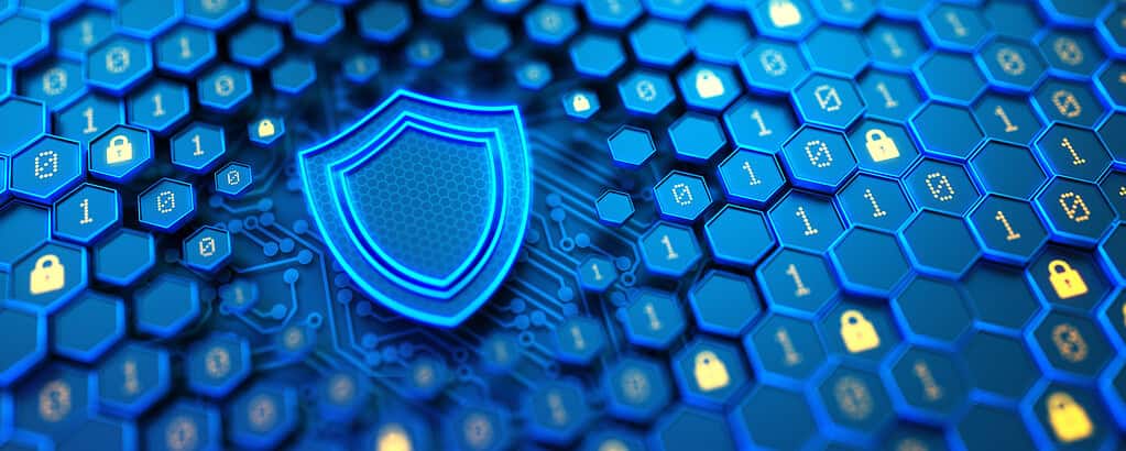 Hexagon shell with binary code and glowing shield sign. Protection against hacker attacks and data breach.  Safe your data. Internet security and privacy concept. 3d illustration